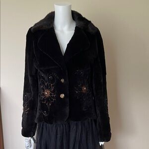 Luxurious Black Faux Fur Jacket. Genuine Rex rabbit with mink collar. NWT.